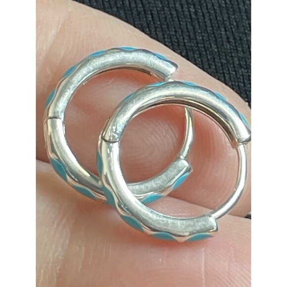 Aqua Blue Enamel 925 Silver Huggie Hoop Earrings Pierced - Picture 11 of 13